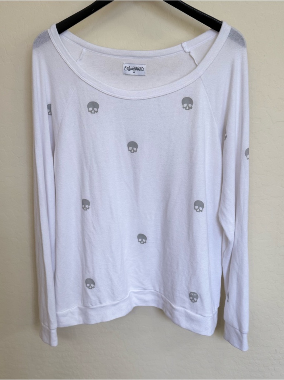 Lauren Moshi White Skull Print Scoop Neck Long Sleeve Sweater Top XL